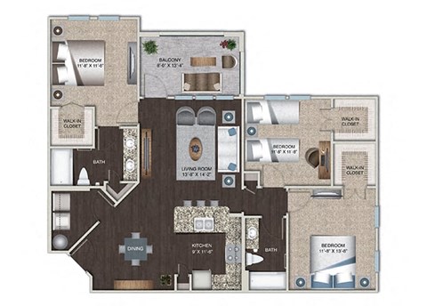 Floor plan for 3 beds, 2 baths, 1273 sqft